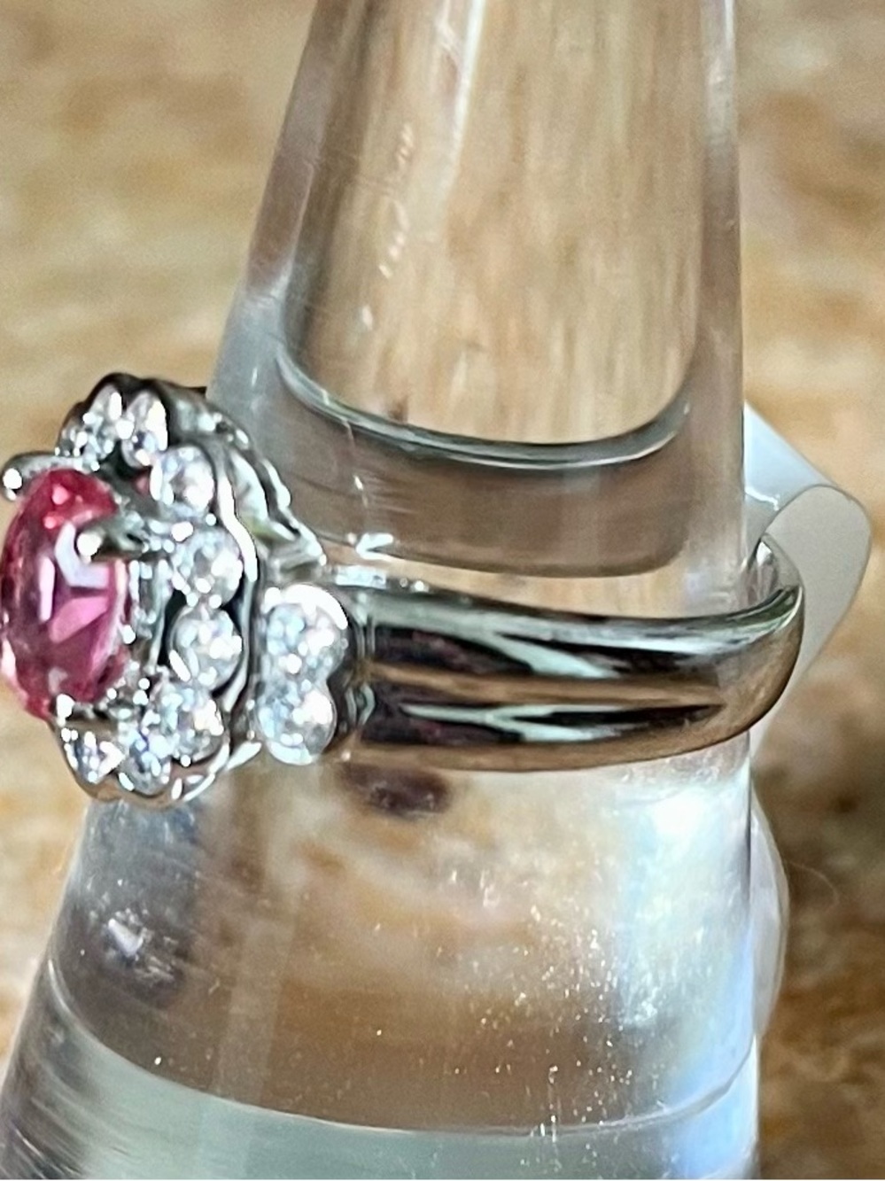 BP RETRO Pink Oval Halo Ring with White Topaz Accents on Rhodium - Picture 2 of 3